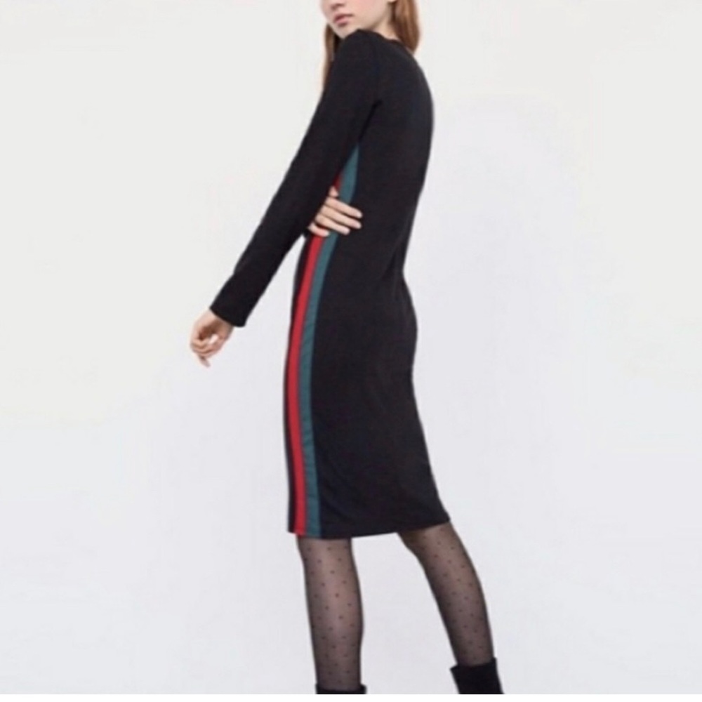 Zara Trafaluc black red and green stripe bodycon long sleeve midi dress size M
